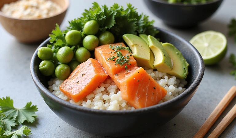 Un piatto colorato e invitante di poke bowl con riso, salmone, avocado, edamame e alghe, per una ricetta sana e rapida.