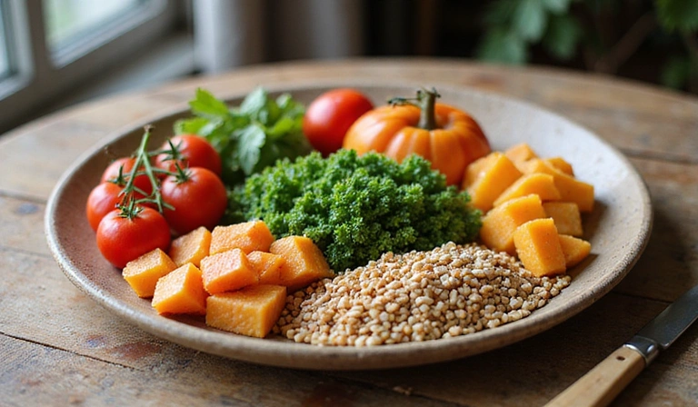 Una selezione di cibi bilanciati su un tavolo, inclusi frutta, verdura, proteine e cereali integrali, che rappresentano un'energia duratura.