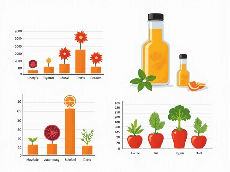 Grafici stilizzati che rappresentano dati scientifici e alimenti in equilibrio