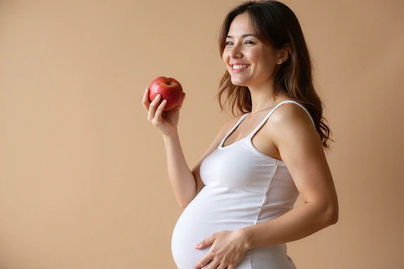 Donna incinta che mangia una mela con un sorriso